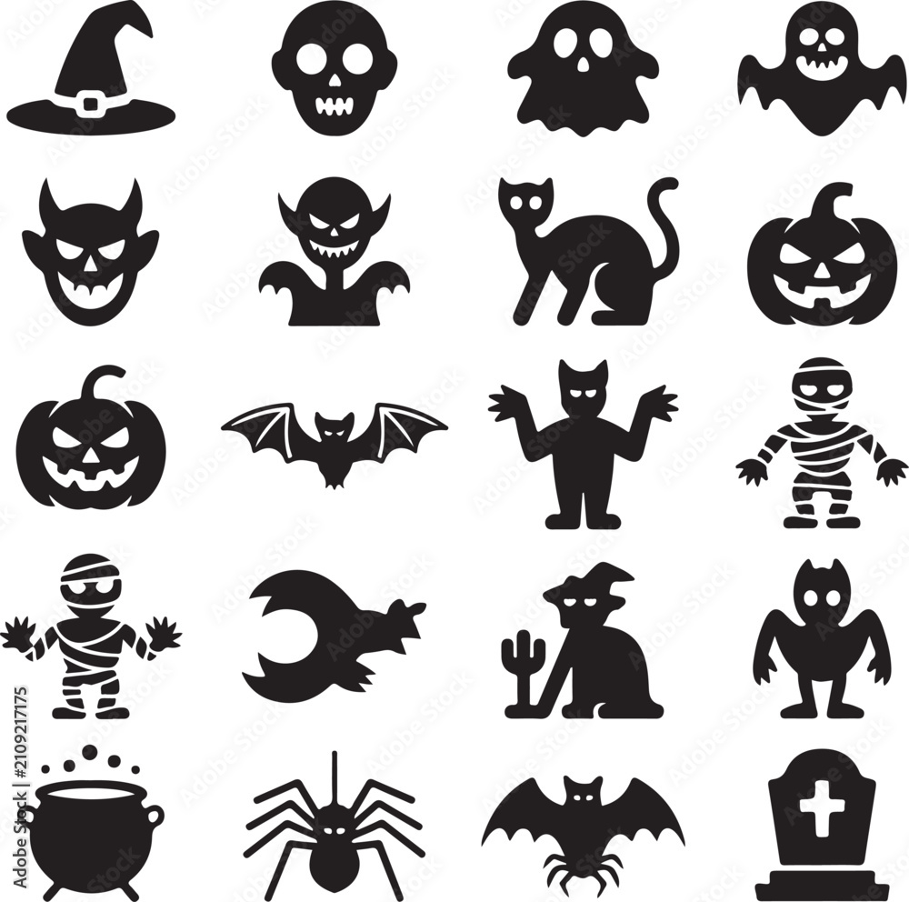 Obraz premium Halloween-themed black and white icons set