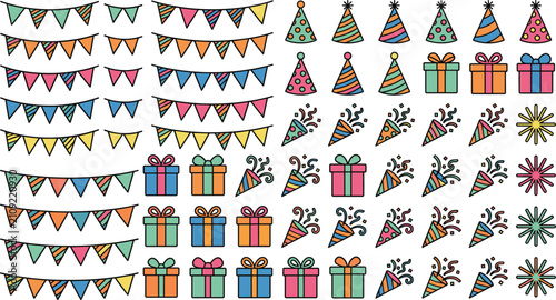 Colorful Party Decoration Vector Set with Bunting Flags Gifts Hats and Confetti Icons