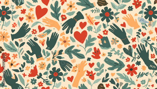 Obraz na płótnie A vibrant and charming pattern featuring gardening gloves, hearts, and an assortment of colorful flowers and leaves on a light background, evoking a sense of nature and care