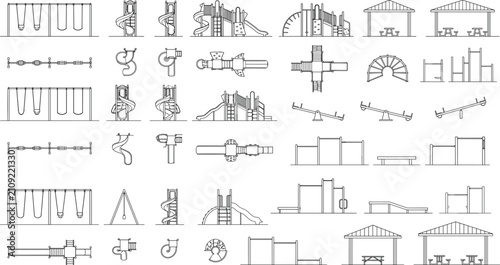 Playground Equipment Outline Icon Set with Swings Slides and Park Structure Collection