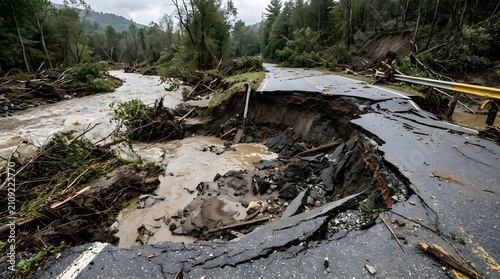 Road washed out by flood and debris after heavy rain storm.