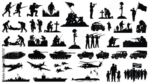Comprehensive set of black military silhouettes depicting army soldiers in combat, memorial scenes, war veterans, heavy tanks, combat aircraft, navy ships, and families welcoming soldiers home.