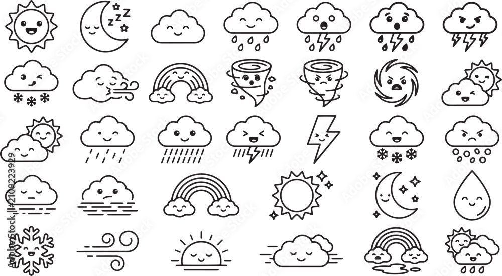 Fototapeta premium Cute Weather Characters Kawaii Meteorology Icons Atmospheric Phenomena and Seasonal Outline Set