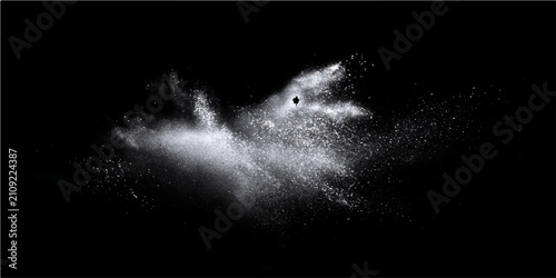 Konstfotografi Abstract explosion white powder dust cloud dark background, dynamic chaotic motion particle disintegration