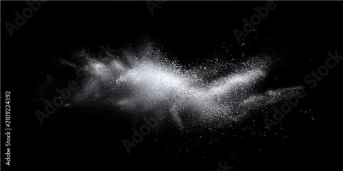 Foto Explosion white powder, cloud dust particles, abstract dynamism mid-air