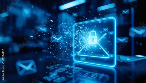 Digital security icon with lock in a futuristic technology setting