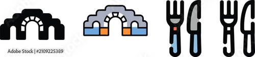Foto Stone bridge and cutlery icons set featuring flat vector illustrations of a roma