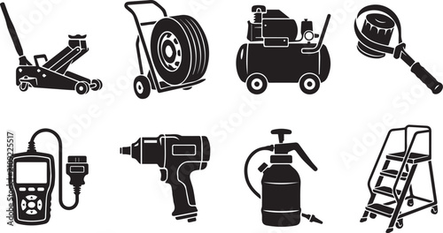 Set of black silhouette for vehicle maintenance, including a hydraulic floor jack, tire dolly, air compressor, and diagnostic tool