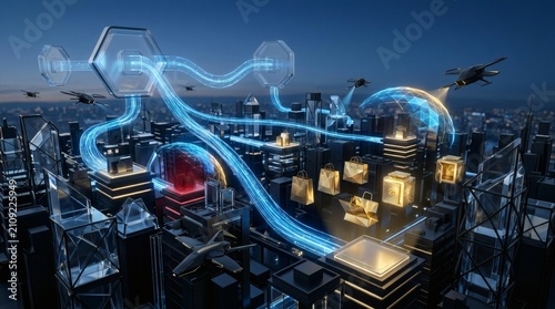 Futuristic city skyline with glowing digital connections