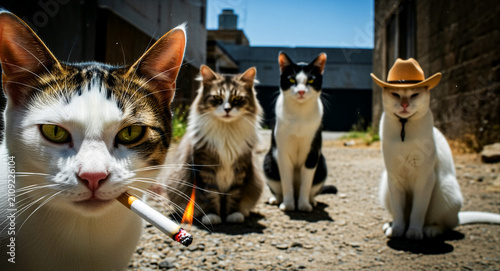 Group of tough cats sitting in a gritty urban alleyway. One cat holds a lit cigarette while another wears a cowboy hat in this humorous scene. Anthropomorphic feline humor and street life concept.