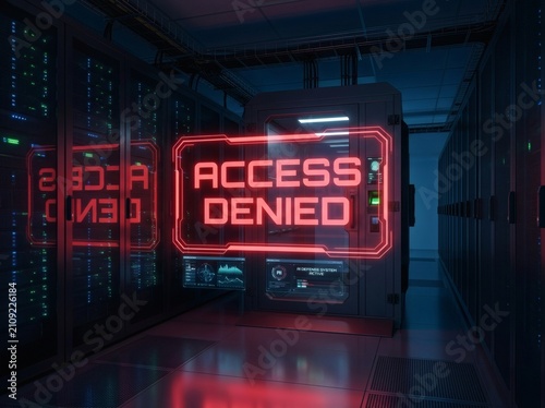 Neon sign with access denied in a dark urban setting