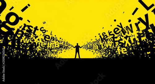 Man silhouette amidst a storm of letters on yellow background. Conceptual person overwhelmed by language. Communication and information overload concept for media marketing.