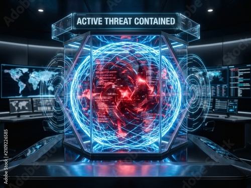 Cybersecurity display with digital threat alert and virus graphics