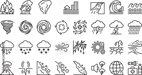 Natural Disasters Extreme Weather Geological Hazards and Emergency Preparedness Line Art Icon Set
