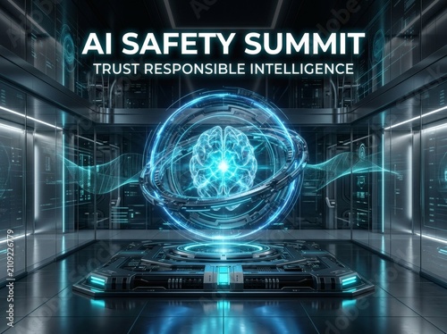 Ai safety summit futuristic digital hologram in high-tech room