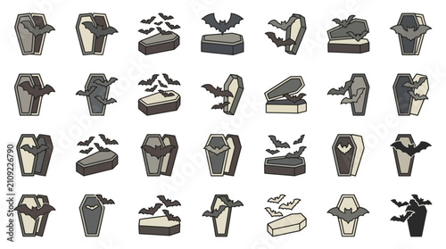 Bild auf Leinwand Coffin and casket icons in various isometric views.
