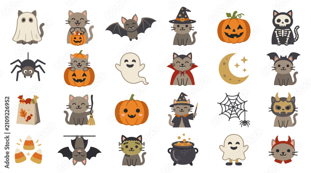 Fototapeta premium Colorful cute Halloween character and cat icons.