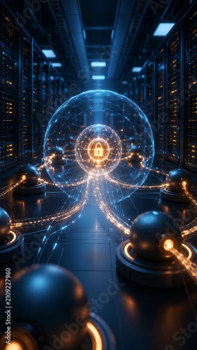 Vertical futuristic digital security art with glowing data connections and lock symbol in server room for cybersecurity and data privacy solutions
