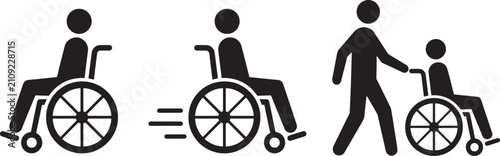 Wheelchair icon set for disabled person accessibility with manual wheelchair user and caregiver pushing patient symbol isolated on transparent background.