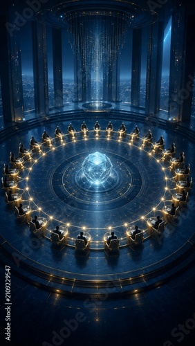 Vertical futuristic digital art depicting circular council meeting around glowing geometric structure in a grand cityscape environment, ideal for sci-fi storytelling concepts