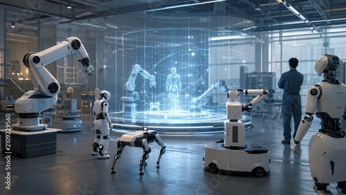 Futuristic digital art scene showcasing multiple robots interacting with holographic technology in a high-tech laboratory setting for advanced artificial intelligence concept