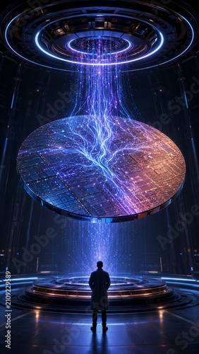 Vertical futuristic sci-fi digital art showcasing a holographic quantum interface with a solitary figure in a high-tech lab environment exploring advanced technology concepts