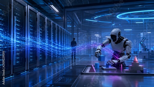 Futuristic digital art style showcasing advanced humanoid robot interacting with data streams in high-tech server room; AI automation in enterprise technology