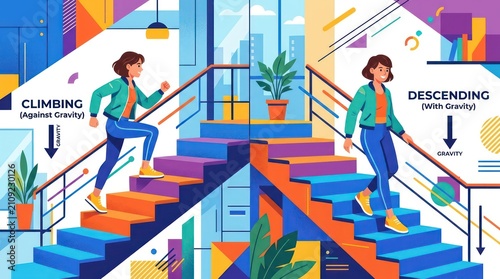 Professionals climbing and descending futuristic office stairs. Business team navigating vibrant corporate staircase with digital overlays.