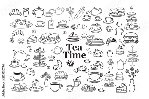 Hand drawn doodle collection featuring various tea time treats pastries cakes and hot beverages symbols