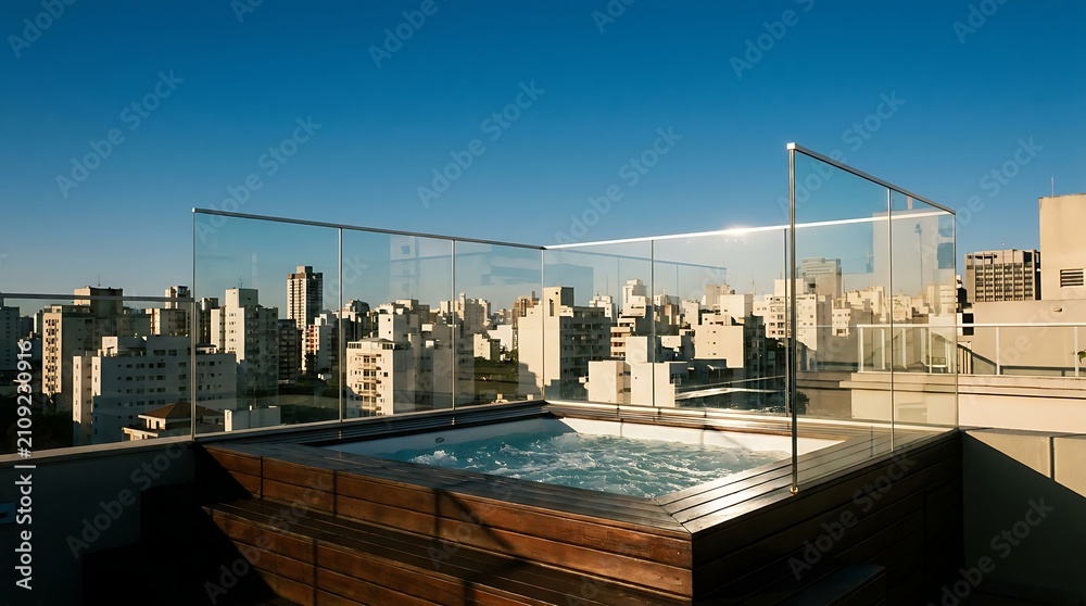 Obraz premium Rooftop hot tub on a modern terrace overlooking city skyline at sunset