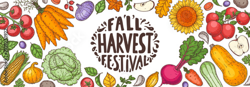 Colorful horizontal banner frame with autumn vegetables, fruits, and lettering 