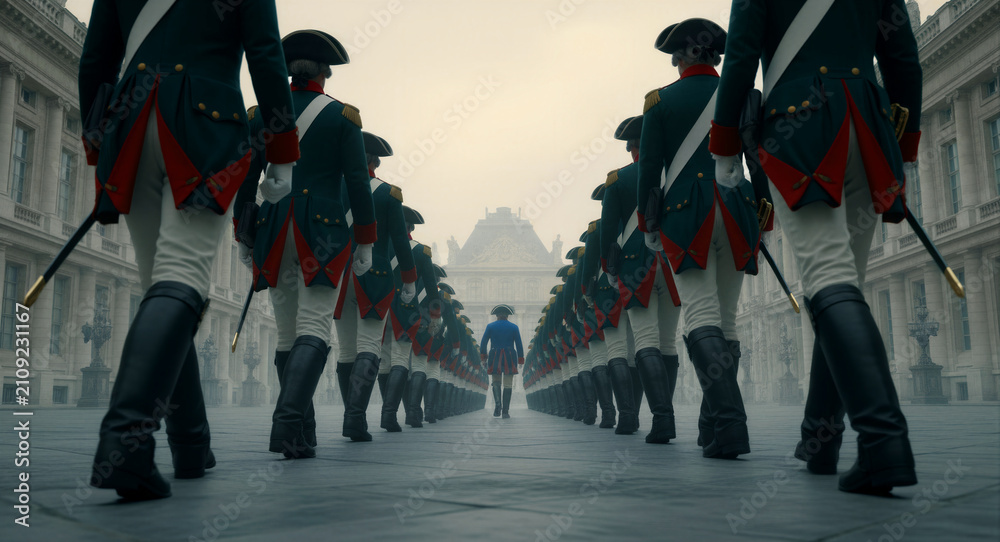 Obraz premium Historical soldiers in period uniforms standing in formation in a palace courtyard. An officer walks ahead through mist towards grand architecture. Napoleonic military concept for history media.
