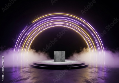 Ethereal Bloom: Neon Archway's Luminescent Embrace on a Misty Stage