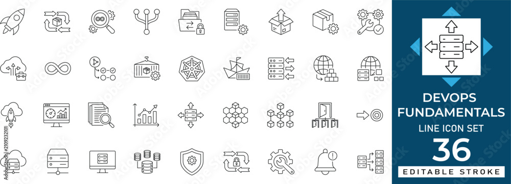Photos DevOps fundamentals line icon set featuring cloud computing, automation, CI CD pipeline, and development workflow