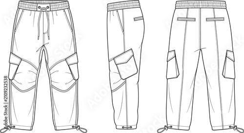 Foto Mens elastic waist cargo pants adjustable drawstring hem knee panels fashion fla