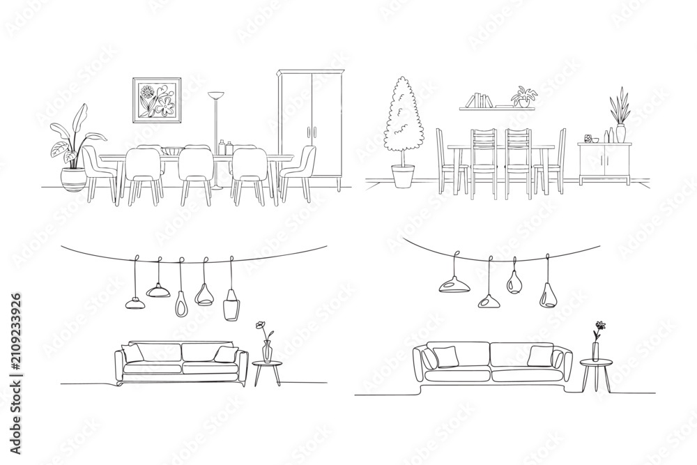 Obraz premium Interior design sketch featuring modern living room furniture and dining room sets in minimalist line art