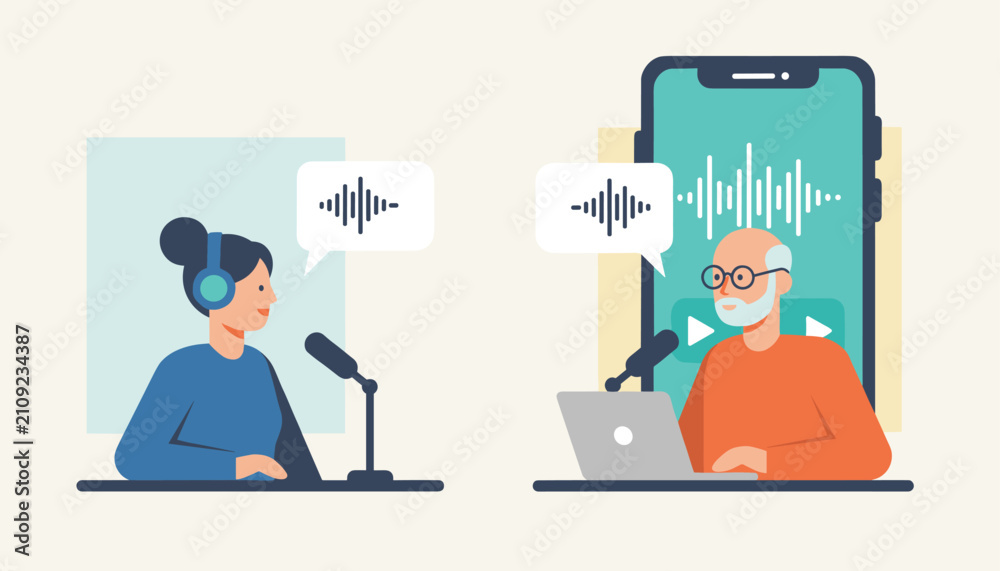 Fototapeta premium Professional female podcaster interviews an older guest remotely via a smartphone application showing digital audio waves.