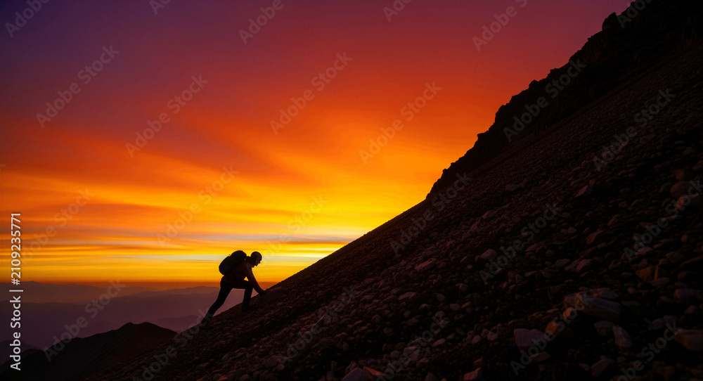 Fototapeta premium Silhouette of a hiker climbing a steep mountain during a vibrant sunset. Mountaineer ascending rocky terrain against a fiery orange sky. Success and determination concept for adventure marketing.