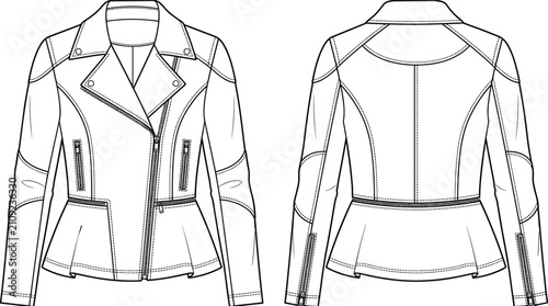Fotografie Womens asymmetrical zip peplum biker jacket notch lapel quilted sleeve technical