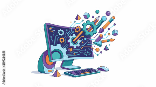 Digital creativity with gears code and art tools on monitor