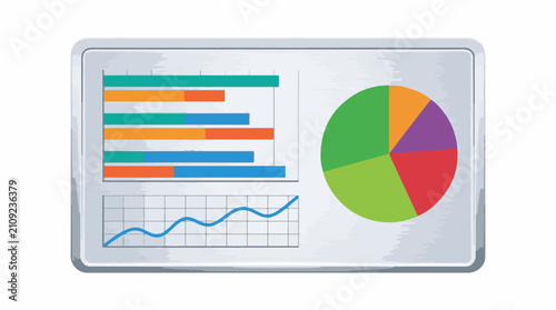 Digital dashboard displaying bar line and pie charts for data analysis