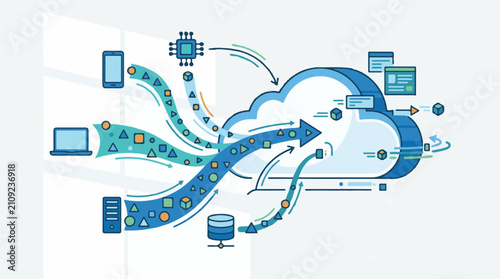 Digital data streams converging into a central cloud