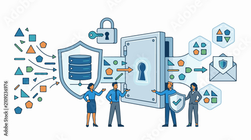 Digital data security and protection concept with people and icons