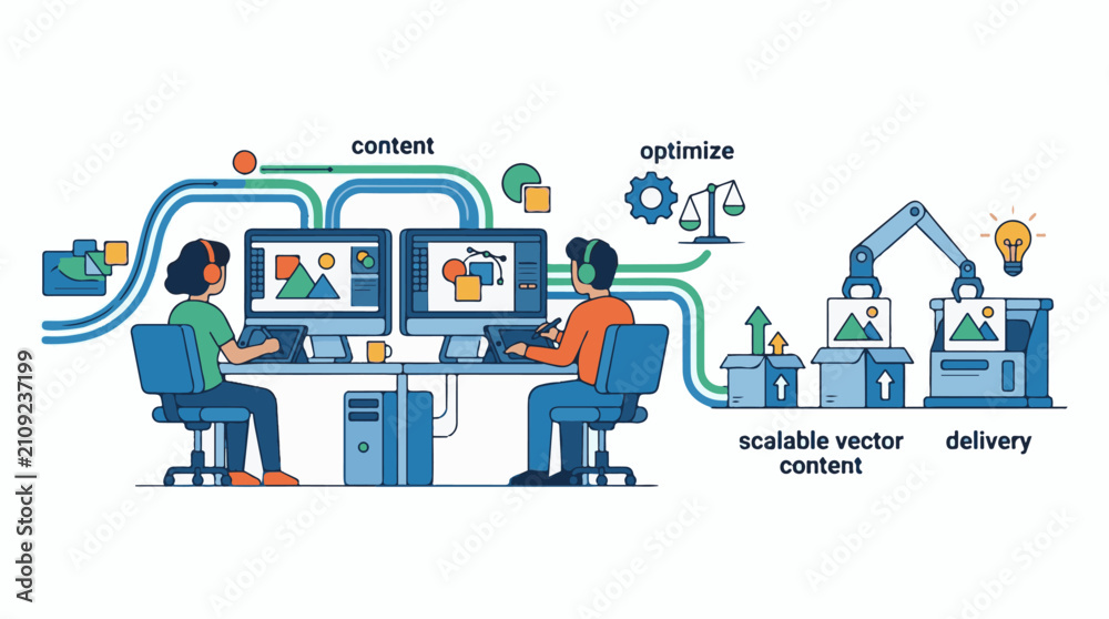 Fototapeta premium Digital content creation optimization and automated delivery process illustration