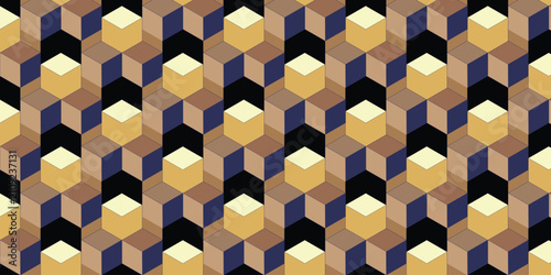 Geometric isometric cube pattern vector, seamless 3D block texture in gold and navy blue, elegant repeating square mosaic background for luxury branding
