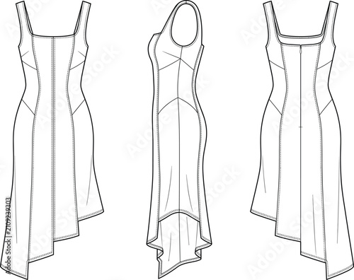 Fotografie Womens sleeveless square neck asymmetrical hem midi dress geometric paneling zip