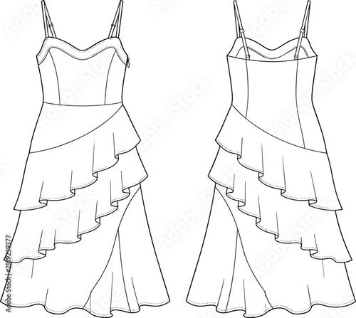 Принти на полотні Womens spaghetti strap sweetheart neckline tiered ruffle midi dress side zipper