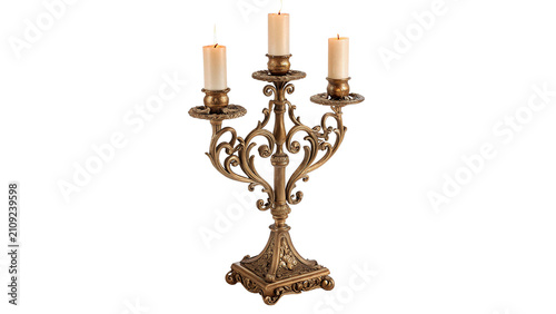 Vintage classic metallic bronze three candle candelabra lit isolated on transparent background