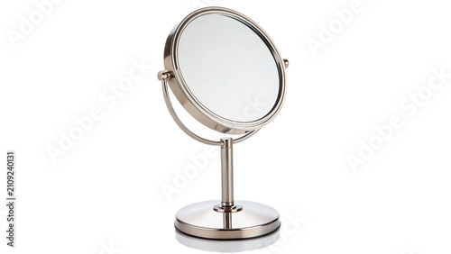 Simple round tabletop mirror on metallic silver stand isolated on transparent background