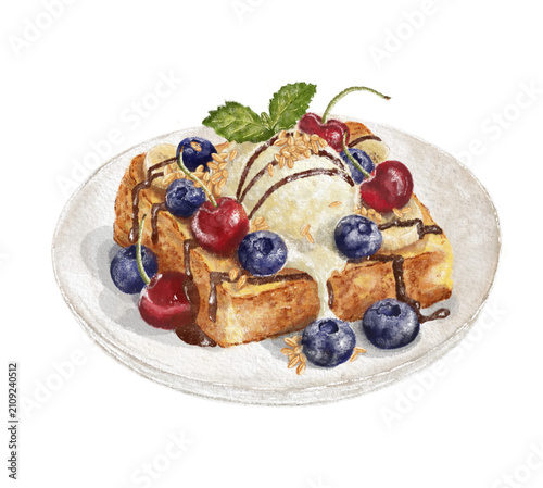 Oil Pastels French Toast with Vanilla Ice Cream, Cherries and Blueberries Illustration